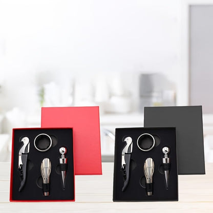 4 Pieces Wine Accessory Gift Set, Stainless Steel Wine Opener Kit with Pourer, Wine Stopper, Drip Ring, Wine Tools Box for Party Wedding Gift (Red) - color: Red