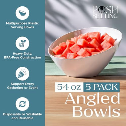 5 Pack White Angled Plastic Serving Bowl Disposable for Party Table 54oz | Angled Bowl Design. Chip, Candy, Salad & Fruit Use. Disposable Party Tableware. Buffet & Wedding Serving. White Plastic. - color: White, size: Large 54 OZ