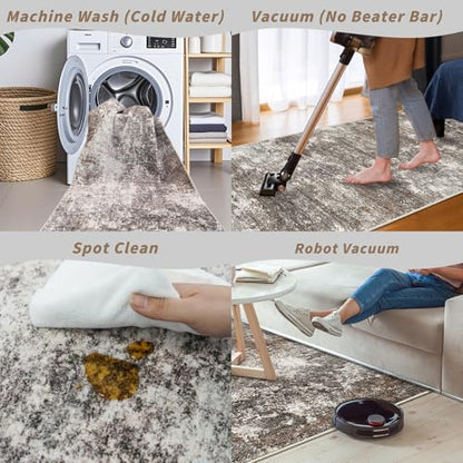 2x5 Washable Kitchen Rug Runner – Non-Slip Abstract Modern Neutral Small Rug for Bathroom, Hallway, Bedroom, Laundry Room, Entryway – Soft Low-Pile Thin with Rubber Backing (Brown Beige, 2x5) - color: Brown Beige, size: 2' x 5' (Rectangular)