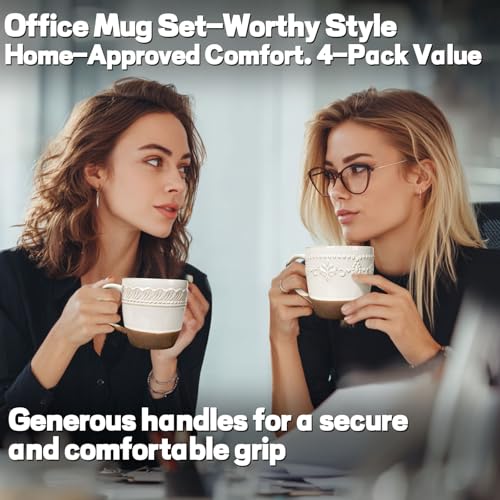 Artena Ceramic Coffee Mugs Set of 4, 16oz Embossed Large Latte Mugs Coffee Cups with Handle for Tea, Latte, Cappuccino & Cocoa, Milk Dishwasher & Microwave Safe, White (Damask Floral) - color: White