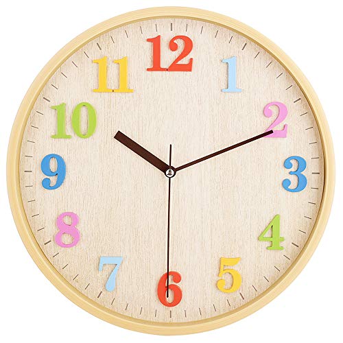 Topkey 12" Wooden Look Wall Clock Silent Non-Ticking 3D Numbers Colorful Decorative Round Clock for Living Room, Bedroom and Office Battery Not Included - Light Brown - color: 3d Color Numbers