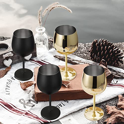 Lifecapido Stainless Steel Wine Glasses Set of 4, 18oz Stainless Steel Wine Goblets, Metal Wine Glasses with Cup Brush for Party Office Wedding Anniversary, Great for Red White Wine, Gold and Black - color: Gold and Black