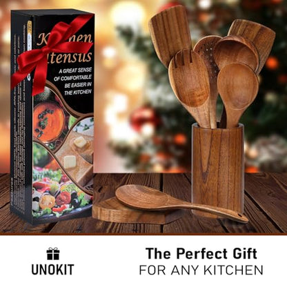 Unokit Cooking Utensils Set for Kitchen - 8 Piece Nonstick Natural Teak Wooden Spoons for Cooking, Comfort Grip Kitchen Utensils Set, Teak Wooden Utensil Set with Holder and Spoon Rest