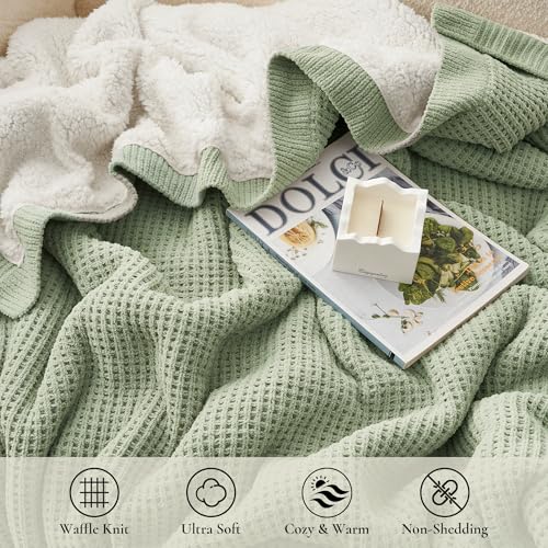 Reversible Waffle Weave Throw Blanket, Chenille Knit with Warm Sherpa, Soft Cozy Blanket for Couch, 50"x60", Sage Green - color: Waffle-sage Green