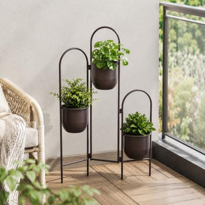 TRIROCKS 3 Tier Plant Stand with 3 Removable Metal Pots Indoor Outdoor Corner Plant Rack, 35" H Space Saving Flower Pot Holder for Living Room, Balcony, Patio & Garden(Brown) - size: 35" H