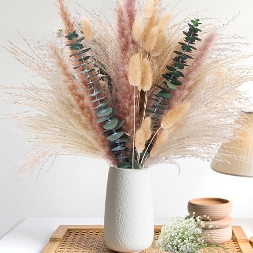 60PCS Natural Dried Pampas Grass & Eucalyptus Decor, 17" Bunny Tails Bouquet for Boho Table Centerpieces, 100% Natural Olive Green Wall & Floor Arrangements, Fall Home Styling - color: Green
