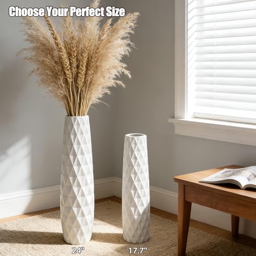 White Tall Ceramic Floor Vase, 24 Inch, Textured Design | Glossy Glazed Finish, Living Room, Fireplace, Entryway, Pampas Grass - color: Shape 2, size: 24 Inch