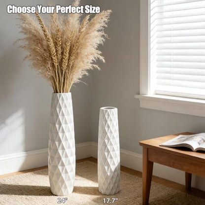 White Tall Ceramic Floor Vase, 24 Inch, Textured Design | Glossy Glazed Finish, Living Room, Fireplace, Entryway, Pampas Grass - color: Shape 2, size: 24 Inch