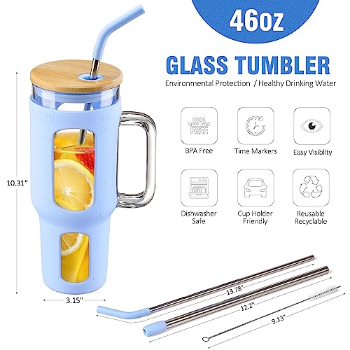 WINSA Glass Tumbler with Lid and Straw, 46 oz, Glacier | Iced Coffee Cup with Handle, Large Water Bottle with Silicone Sleeve, Pearl Straw & Drinking Straw, BPA Free - color: Glacier, size: 46 Ounces