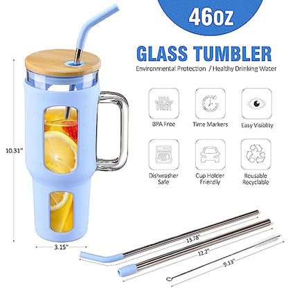 WINSA Glass Tumbler with Lid and Straw, 46 oz, Glacier | Iced Coffee Cup with Handle, Large Water Bottle with Silicone Sleeve, Pearl Straw & Drinking Straw, BPA Free - color: Glacier, size: 46 Ounces