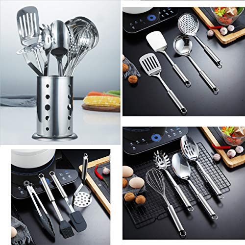 Berglander Cooking Utensil Set 13 Piece Stainless Steel Kitchen Tool Set with Holder, Include Cooking Spoon, Spatula, Whisk, Cooking Tong and etc. (13 Pieces) - color: B. 13 Pieces