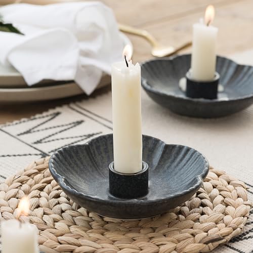 Ceramic Taper Candle Holder, 4.72 in Polished Round Base Tray | Use with incense or palo santo to create a calm tabletop setting for dinners, meditation or seasonal displays. - color: Black