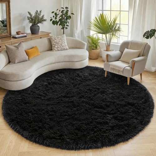 Black Round Area Rugs 6ft, Ultra Soft Bedroom Circle Rug for Kids Girls Boys Teen Room, Fluffy Plush Shaggy Carpet Floor Mats for Baby Nursery Living Room Playroom Dorm Home Decor - color: Black, size: 6' (Round)