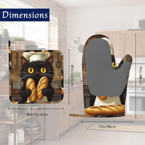 Funny Black Cat Oven Mitts and Pot Holders Chef Bread Silicone Kitchen Accessories Set of 4 Heat Resistant Non-Slip Long Gloves Potholder for Chef Cooking Baking Gifts Women Men - color: Funny Black Cat,chef Bread