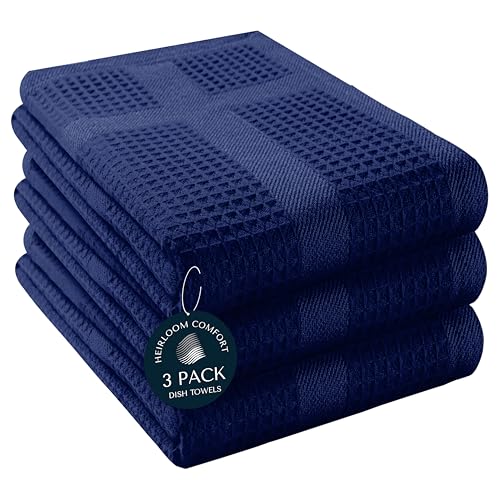3 Pack Blue Waffle Weave Kitchen Towels, 16x26 Inches, 100% Cotton Dishcloth Set, Super Absorbent, Quick Dry, Soft Hand Towels for Drying Dishes, Cleaning, Durable, Indigo Blue - color: Indigo Blue, style: 3 Pack