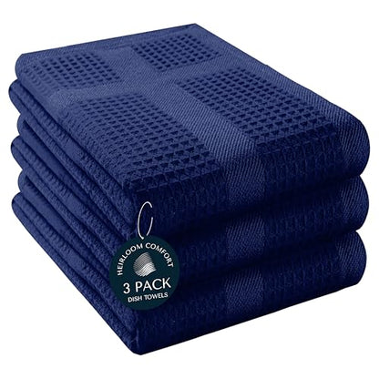 3 Pack Blue Waffle Weave Kitchen Towels, 16x26 Inches, 100% Cotton Dishcloth Set, Super Absorbent, Quick Dry, Soft Hand Towels for Drying Dishes, Cleaning, Durable, Indigo Blue - color: Indigo Blue, style: 3 Pack