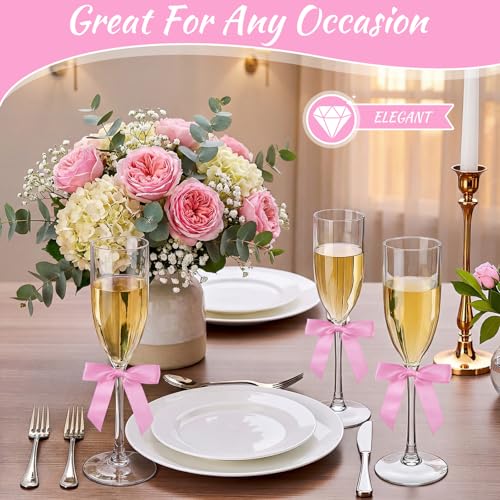 Zopeal Plastic Reusable Champagne Flute Glasses 6 oz and 50 Pcs Bow Set Acrylic Wedding Toasting Goblet 3.5" Bow Unbreakable Wine Cup for Bachelorette Bridal Shower Party(Clear and Pink) - color: Clear and Pink
