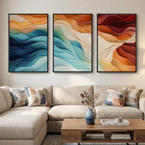 Large Framed Blue Orange Abstract Wall Art for Living Room, 3 Piece 24x36 | Colorful bright pictures, Canvas prints, Modern minimalist painting, Artwork for walls, Wall decor for dining bedroom hallway - color: Blue and Orange, size: 24" W x 36" H x 3pcs
