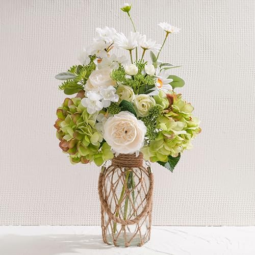Fake Flowers with Vase, Artificial Green Hydrangea & White Chrysanthemum | Spring Floral Arrangement Centerpiece for Dining Table, Coffee Table & Farmhouse Kitchen Home Decor - color: Green-beige