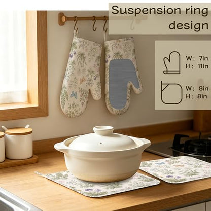 Wildflower Floral Botanical Oven Mitts and Pot Holders Sets Silicone Butterfly Kitchen Mitts Potholders Heat Resistant 4Pcs Oven Gloves Hot Pads for Kitchen Baking Cooking - color: Wildflower Floral Botanical