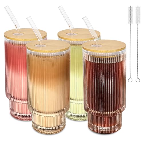 16Oz glasses drinking set of 4,Ribbed Glass Cups With Lids And Straws,Glass Tumbler With Lid for Beer, Juice, Water, Iced coffee Cup,Whiskey