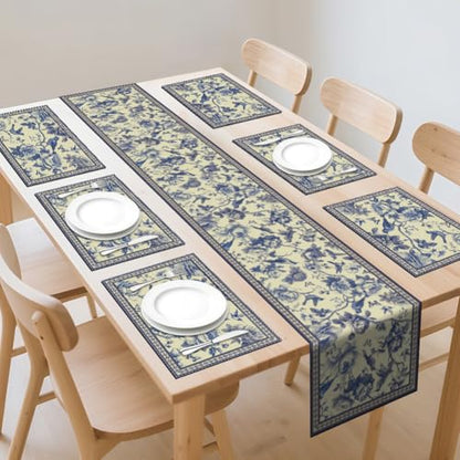 WADORN Navy Blue Bird Flower Table Runner and Placemats Set of 6, Rustic Chinoiserie Sketch Floral Washable Kitchen Dinning Table Decoration Seasonal Spring Summer Dining Settings for Home Kitchen - size: Navy Blue Bird Flower