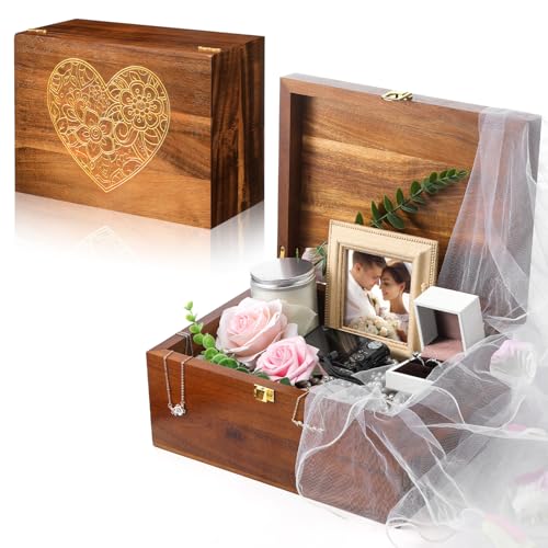 Large Wooden Wedding Keepsake Box with Lid,Heart | 12 x 9 x 5.5 Inch Memory Storage, Engagement Gift for Couples Newlyweds, Bridal Shower Organizer, Photo Jewelry Holder - style: Heart