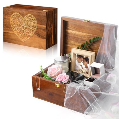 Large Wooden Wedding Keepsake Box with Lid,Heart | 12 x 9 x 5.5 Inch Memory Storage, Engagement Gift for Couples Newlyweds, Bridal Shower Organizer, Photo Jewelry Holder - style: Heart