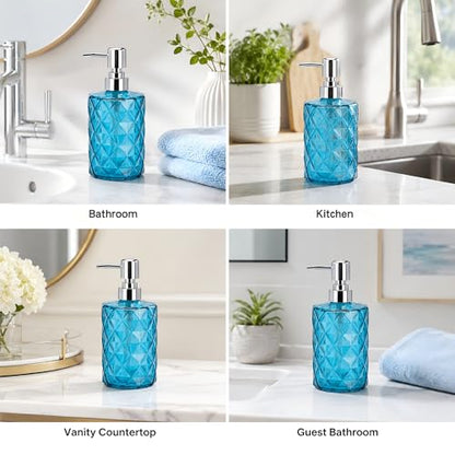 LGURT Prism Clear Blue Glass Soap Dispenser, Stainless Steel Pump | 12 oz, kitchen bathroom countertops, non-drip pump, modern gift-ready decor - color: Clear Blue