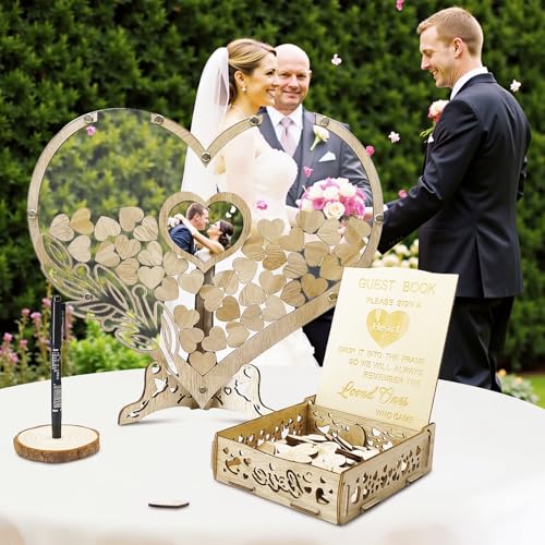Wedding Guest Book Alternative, Rustic Heart Shaped Wooden Guest Book with 100 Wooden Hearts Tree for Wedding Party Birthday, Personalized Wedding Decor with Guest Sign-In Box & Heart Frame for Photo