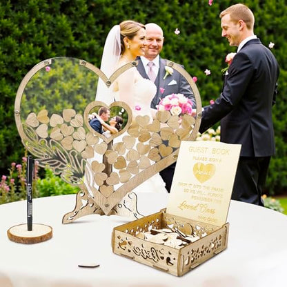 Wedding Guest Book Alternative, Rustic Heart Shaped Wooden Guest Book with 100 Wooden Hearts Tree for Wedding Party Birthday, Personalized Wedding Decor with Guest Sign-In Box & Heart Frame for Photo