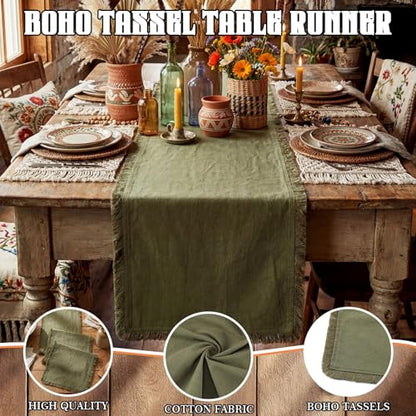 Chumia Olive Green Boho Table Runner with Tassels 12x72 Inches Farmhouse Small Macrame Woven Cotton Rustic Coffee Dresser Table Runner for Living Room Home Dining Kitchen Centerpiece Bohemian Decor