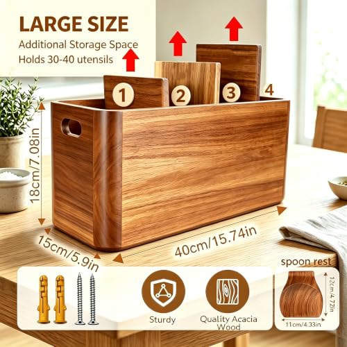 Kitchen Utensil Holder for Counter or Countertop, Extra Large Acacia Wood Organizer with 4 Compartments, Wooden Utensil Holder for Cooking and Silverware, Rustic Wood Container Sturdy Utensil Crock