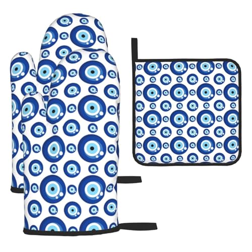 Blue Evil Eyes Oven Mitts and Pot Holders Sets of 3 Funny Hot Pads Heat Resistant Non Slip Washable for Cooking Grilling Baking BBQ Kitchen Decor - color: Blue