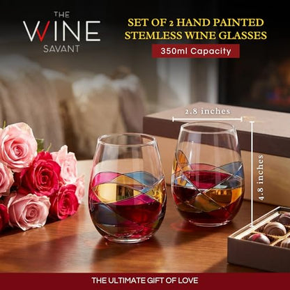 Artisanal Hand Painted Stemless Wine Glasses - Everyday Celebrations, Gift Idea for Wife, Mom, Valentine, Holiday Renaissance Romantic Stain-glassed Windows, 2 Set - Gift Idea Birthday, Housewarming - style: Stemless Glasses Set
