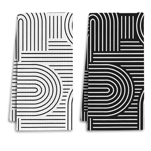 Abstract Boho Black and White Kitchen Towels, Minimalist Contemporary Dish Tea Towels for Kitchen Decor, Mid Century Modern Decorative Hand Towel for Bathroom, 16x24 Inches Set of 2 - color: Black & White