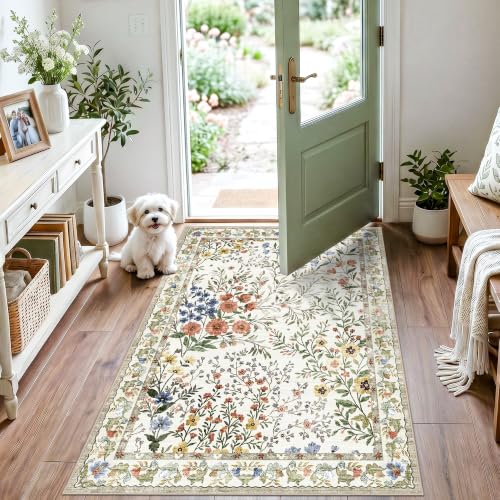3x4 Washable Entryway Area Rug: Non Slip Floral Washable Entry Rug Living Room Area Rug for Indoor Floor Kitchen Bedroom - Soft Thin Door Mat Carpet Boho Vintage Home Decor (3'x4', Beige) - color: Beige, size: 3x4