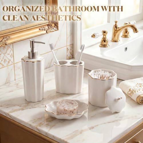 Zhehao Scalloped Bathroom Ceramic Accessories Set 4 Pcs Bathroom Accessory Sets with Toothbrush Holder Soap Dispenser Soap Dish Cotton Swab Jar Bathrooms Countertop Organizer(Gold) - color: Gold
