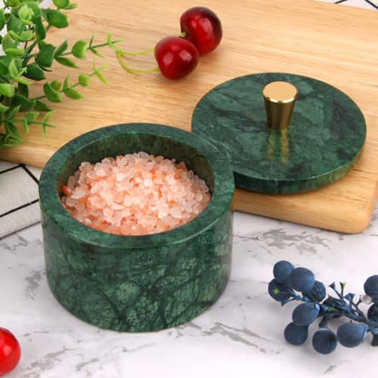 Marble Salt Cellar with Lid, Blackish Green, 4 inch | Natural Stone, Salt Pepper Box, Gold Alloy Handle, Kitchen Countertop Storage, Multi-Use, Sugar Spice Seasoning Container - color: Blackish Green
