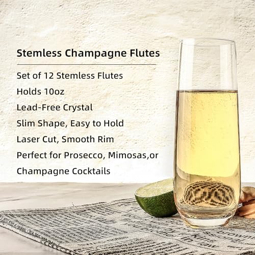 Stemless Champagne Flutes Set of 12, 10 oz Modern Clear Glasses | Stemless Clear Glasses for Champagne, Mimosas, Prosecco and Cocktails, Dishwasher Safe, Ideal for Weddings, Parties and Home