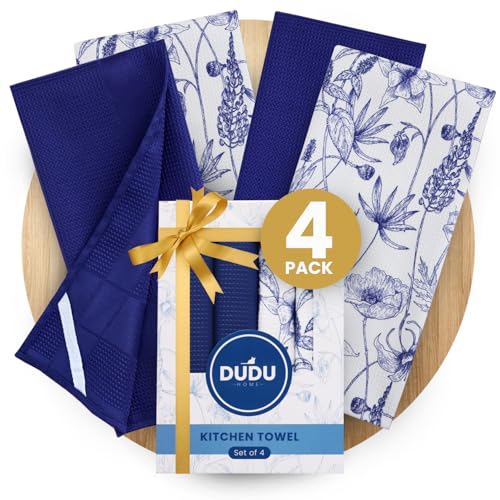 DUDU Home Navy Blue Kitchen Towels with Hanging Loop, Quick Dry Towel, Decorative Set of 4, Premium Waffle Weave Microfiber, Floral, 16 x 24, Country Rustic - color: Navy Blue, style: Rustic