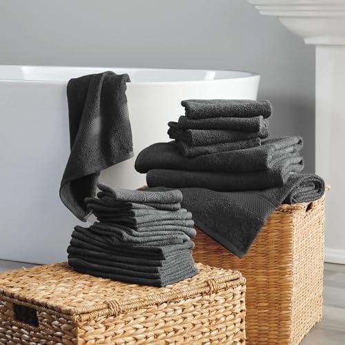 24-Piece Set of Towels, Lightweight 380 GSM Cotton Towels, Quick Drying, Absorbent Hand Towels, Fingertip Towels, Bath Towels, & Washcloths, Black - color: Black