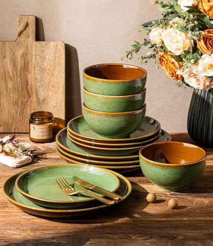 LERATIO Ceramic Dinnerware Sets for 4,12Pcs Stoneware Plates and Bowls Set | Handmade Reactive Glaze Ceramic Dishes Set,Oven & Microwave,Dishwasher Safe,Scratch Resistant-Sage Meadow Green - color: Sage Meadow Green, size: Service for 4-12pcs