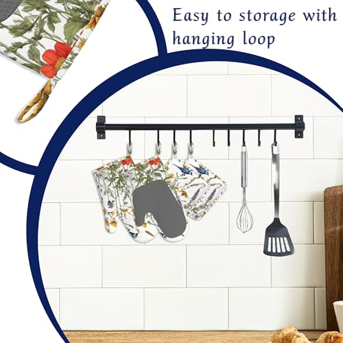 Spring Flower Bird Oven Mitts and Pot Holders Sets of 4 Wildflowers Heat Resistant Silicone Oven Mits Gloves Non-Slip Kitchen Mittens Potholders for Cooking Baking Grilling BBQ - color: Spring Flower Bird,wildflowers