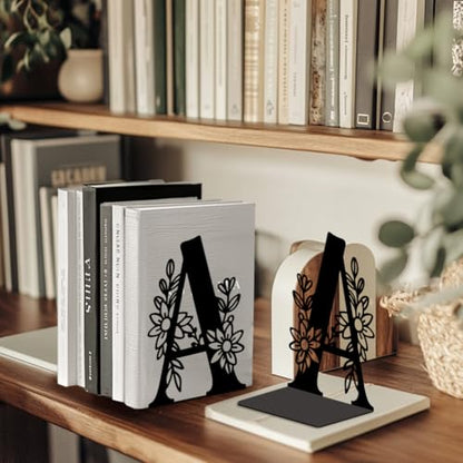 5.3"x4.3"x7.1" Metal Bookends, Heavy Duty Book Ends for Shelves | Letter A with Flower Theme Cast Iron Book Supports, 1 Pair Decor Stoppers for Desk, Library, Office & Home Shelves - style: Letter A with Flower