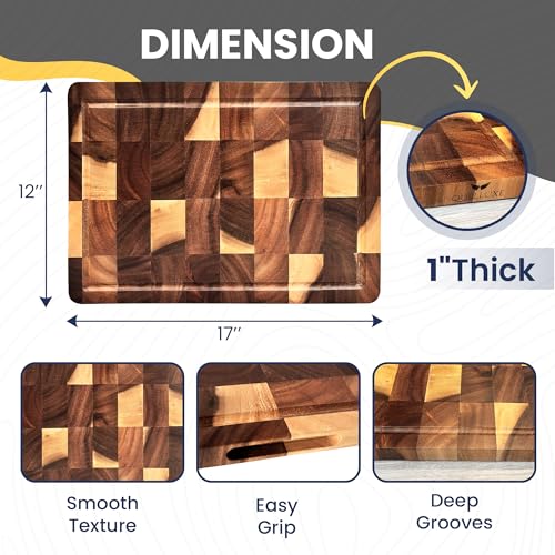 Walnut Wood End Grain Cutting Board for Kitchen with Juice Groove, Inner Handles, Heavy-Duty Butcher Block, Wooden Chopping Board, Charcuterie Boards 17" x 12" x 1" (17" x 12" x 1") - size: 17"L x 12"W