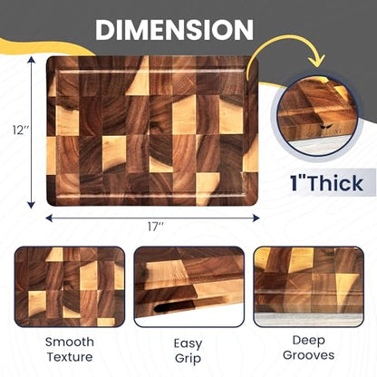 Walnut Wood End Grain Cutting Board for Kitchen with Juice Groove, Inner Handles, Heavy-Duty Butcher Block, Wooden Chopping Board, Charcuterie Boards 17" x 12" x 1" (17" x 12" x 1") - size: 17"L x 12"W