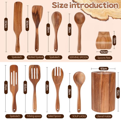 MYRAINBOW Wooden Spoons for Cooking, 10-Piece Teak Wooden Cooking Utensil Set with Holder, Nonstick, Heat Resistant Kitchen Utensils, Durable Wooden Cooking Spoons, Kitchen Cooking Gifts for Women Men - color: 10 Piece Natural Wood Color