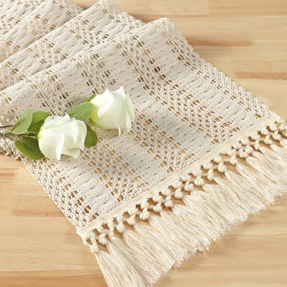 Betylifoy Boho Macrame Table Runner 71Inches Farmhouse Woven Tassels Runner | Cream Beige Rustic Burlap Table Runners Cotton Linen Coffee Table Runner for Bohemian Dining Kitchen Dresser Table Decor - size: 12x71in
