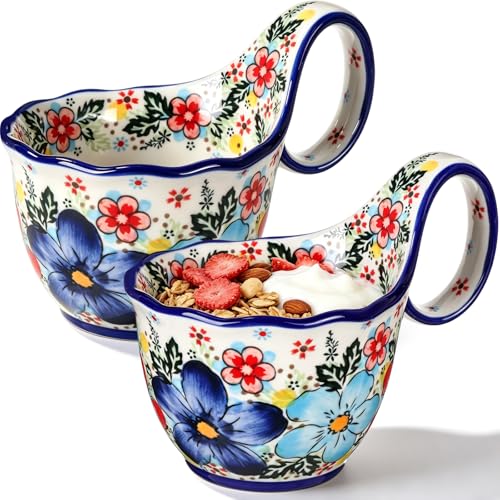 2 PCS Microwavable Soup Bowl with Loop Handle 17oz Vintage, Roman Garden | Ceramic Soup Mug, Handpainted Floral Porcelain, for Yogurt Snack Chip Stew Ice Cream, Large Cereal Bowl Gift for Women Home